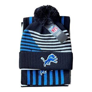 NFL Team Apparel Detroit Lions Knit Beanie Hat Pom & Scarf Set NWT